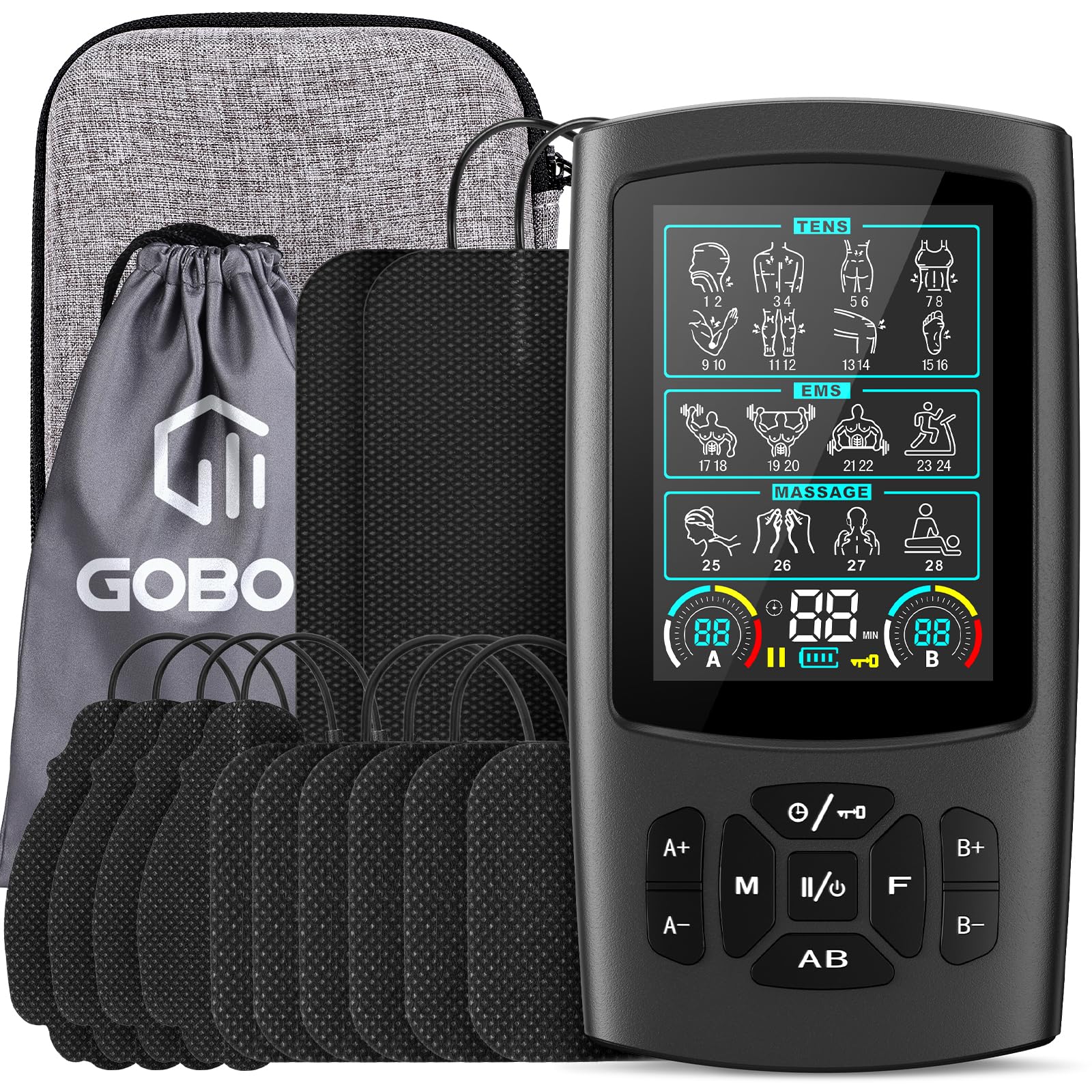 GOBOK Rechargeable Dual-Channel TENS & EMS Unit with Color Display